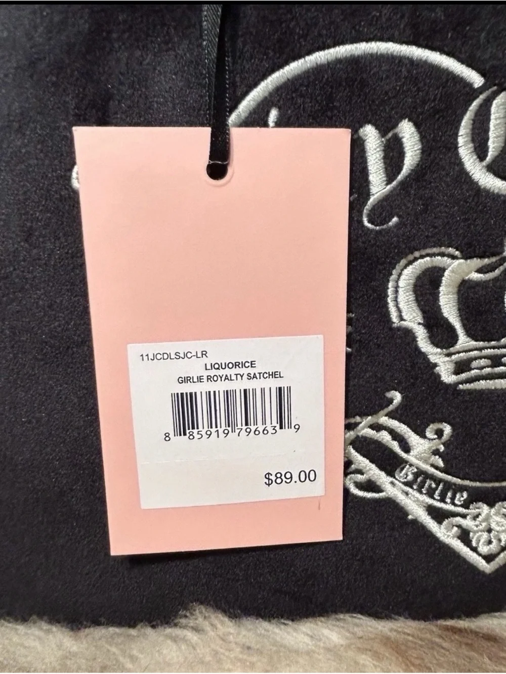 Juicy Couture Black Logo Velvet Backpack with Gold Hardware and Pink Charm